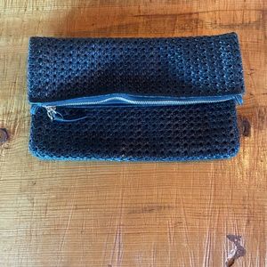 ClareV Foldover woven clutch w/ tabs in black